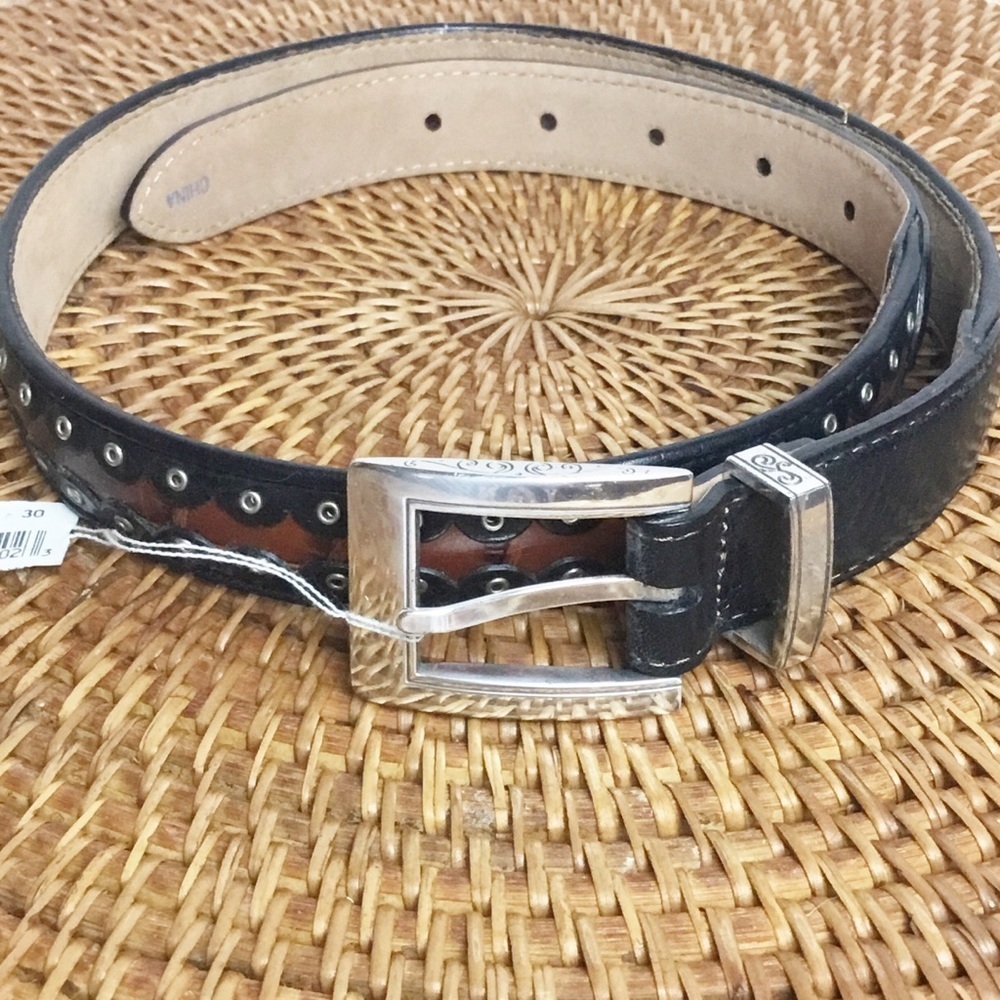 Brighton Black And Brown Leather Belt With Silver Hardware Size M